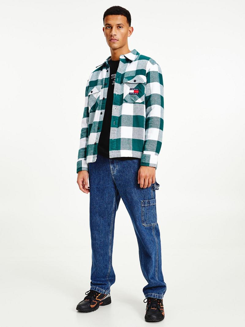 Férfi Tommy Hilfiger Plaid flannel sherpa overshirt Ingek Zöld Fehér | HU 1049RVD